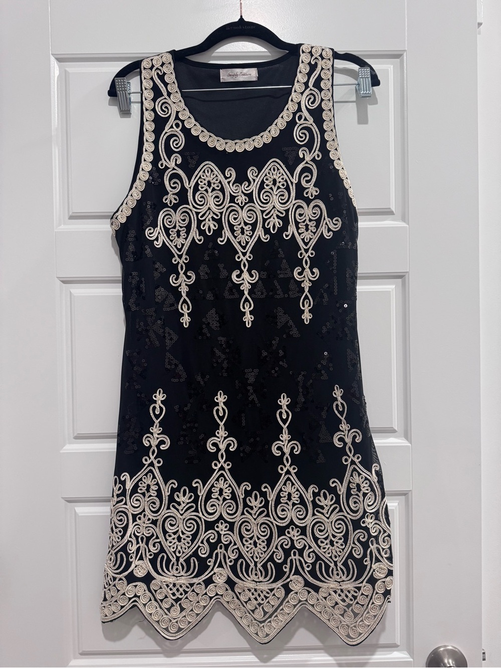 Simply Couture Black Ivory Embroidered Sequin Shift Dress